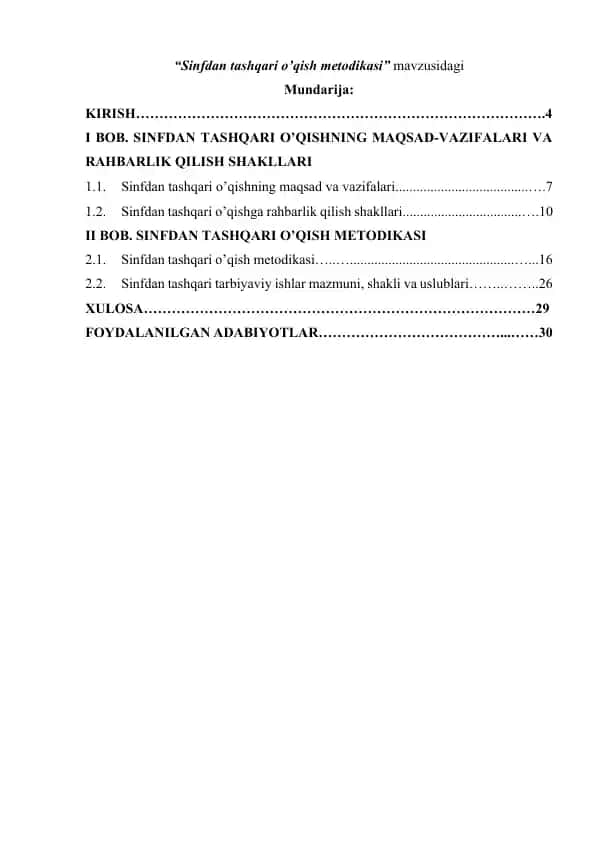 Sinfdan tashqari o’qish metodikasi