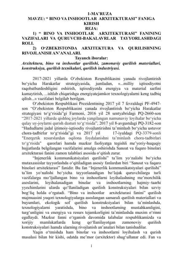 Arxitektura va Qurilishning Rivojlanish An’analari
