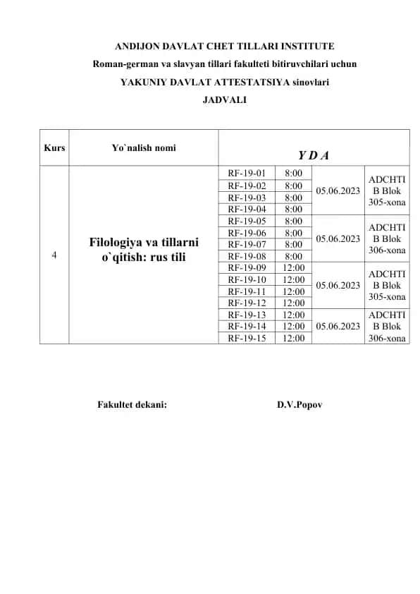 ANDIJON DAVLAT CHET TILLARI INSTITUTE Yakuniy Davlat Attestatsiya Sinovlari Jadvali