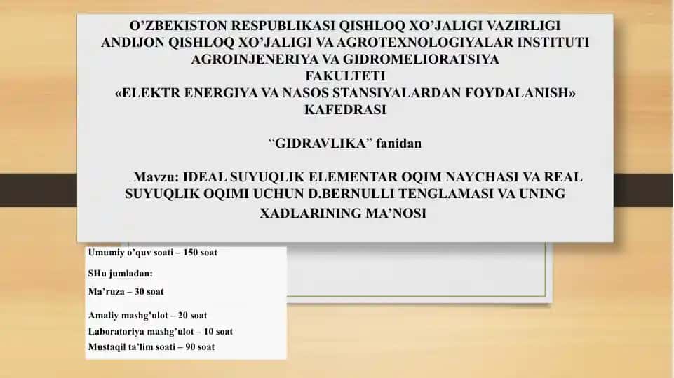 D.Bernulli tenglamasi va uning xadlarining ma'nosi