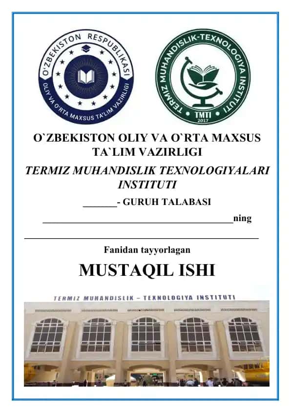 Termiz Muhandislik Texnologiyalari Instituti guruhi talabasi mustaqil ishi