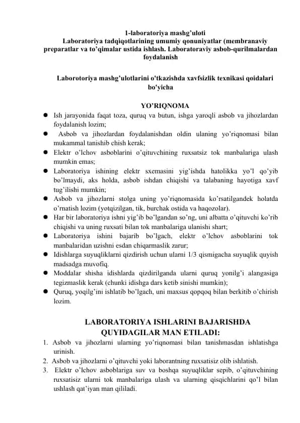 Laboratoriyada mashg'ulotlar haqida yo'riqnoma
