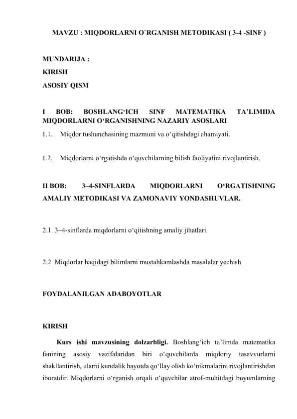 Miqdorlarni oʻrganish metodikasi 3-4--sinf