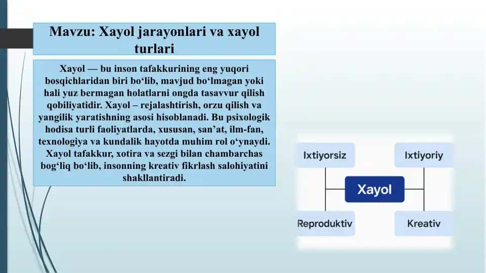 Xayol jarayonlari va xayol turlari