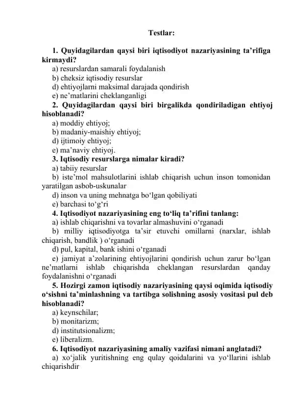 Iqtisodiyot nazariyasi testlar
