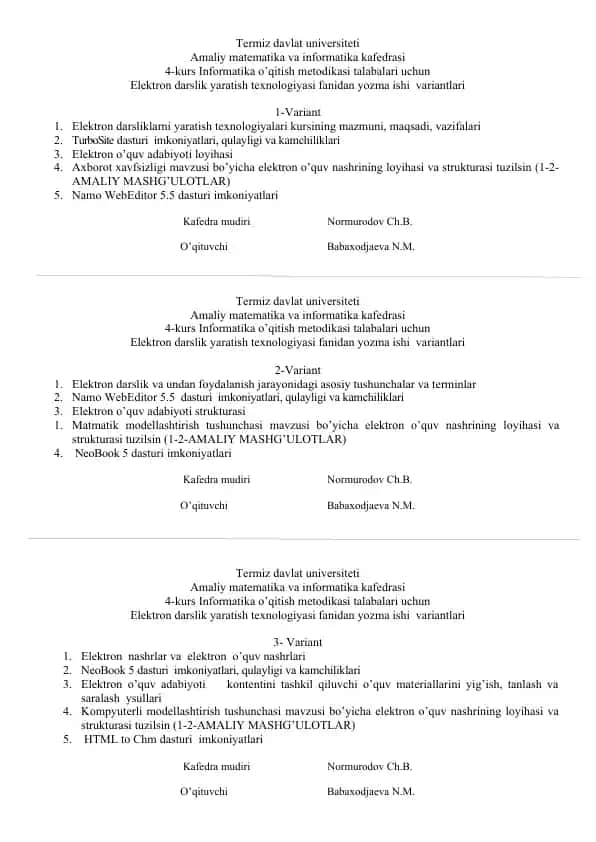 Elektron darslik yaratish texnologiyasi fanidan yozma ishi variantlari