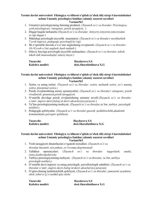 Umumiy psixologiya fanidan yakuniy nazorat savollari