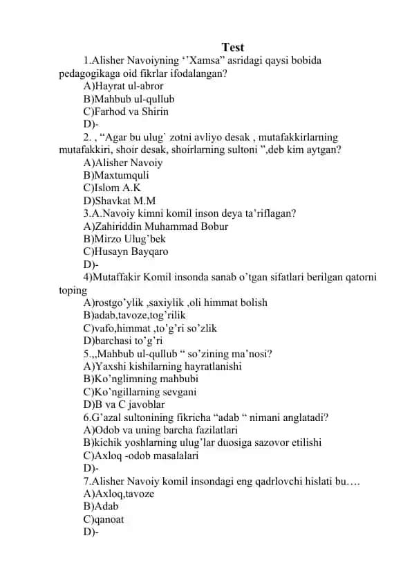 Alisher Navoiy haqida test savollar