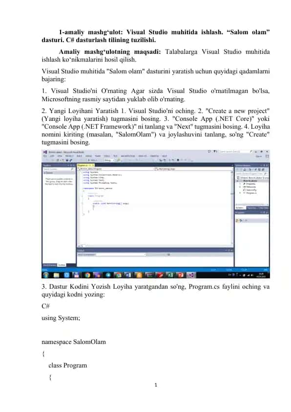Visual Studio muhitida ishlash. "Salom olam" dasturi. C# dasturlash tilining tuzilishi