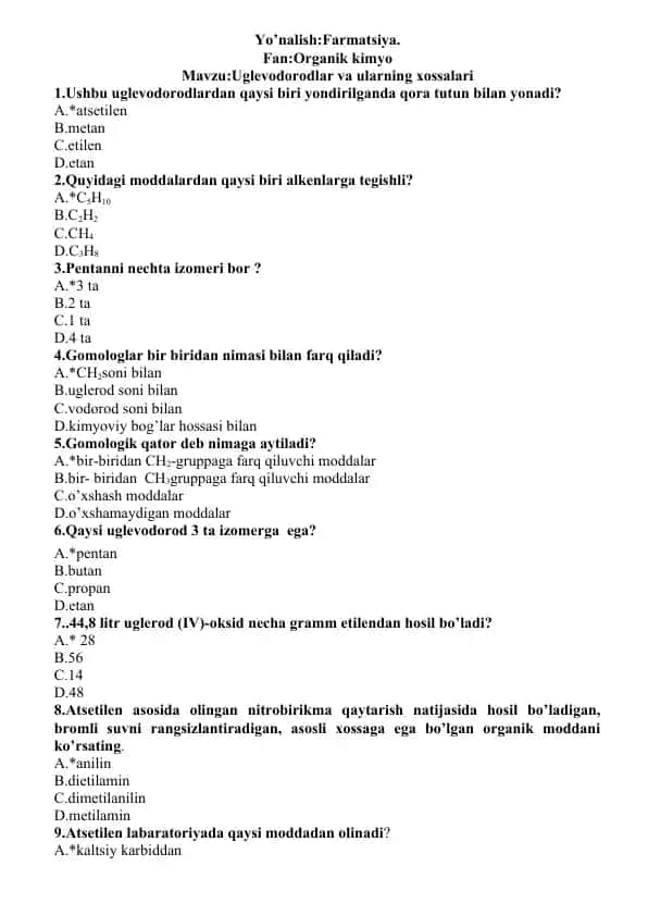 Uglevodorodlar va ularning xossalari test savollari