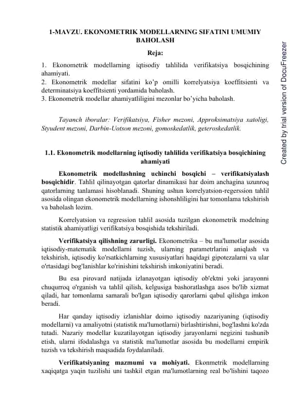 Ekonometrik modellarning sifatini umumiy baholash