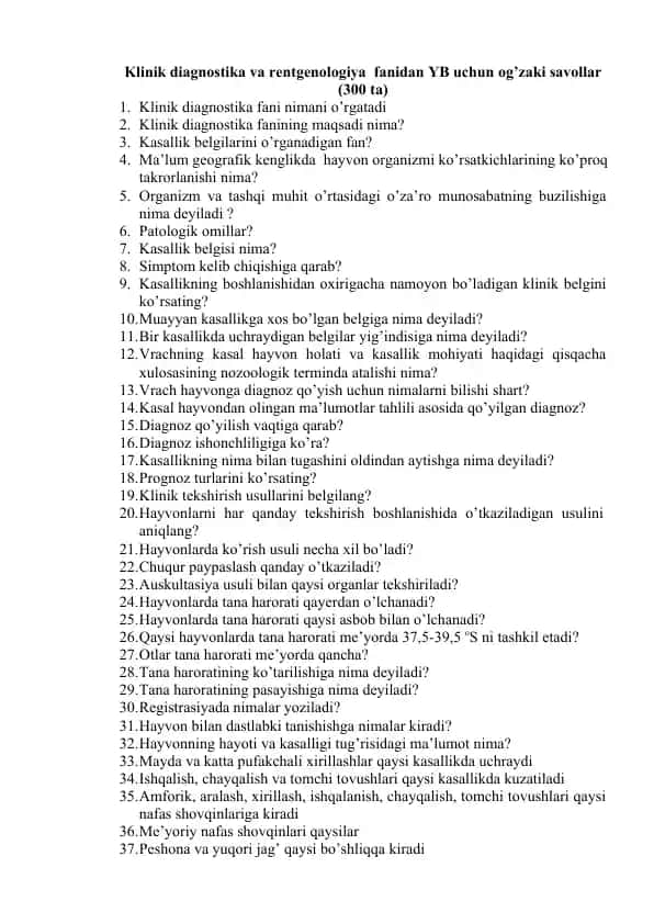 Klinik diagnostika va rentgenologiya fanidan YB uchun og’zaki savollar (300 ta)