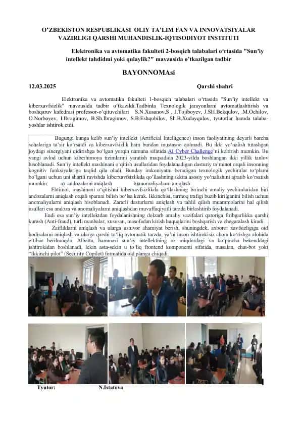 "Sunʼiy intellekt va kiberxavfsizlik mavzusida tadbir"
