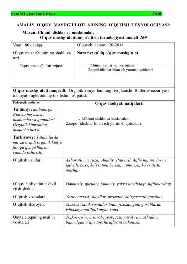 Amaliy O`quv Mashg`ulotlari Texnologiyasi Modeli №9