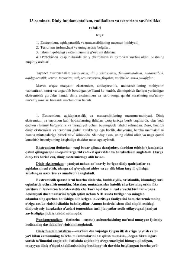 Diniy fundamentalizm, radikalizm va terrorizm xavfsizlikka tahdid