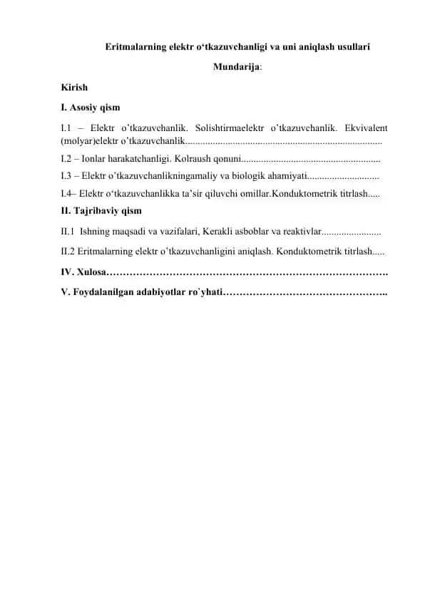 Eritmalarning elektr o‘tkazuvchanligi va uni aniqlash usullari
