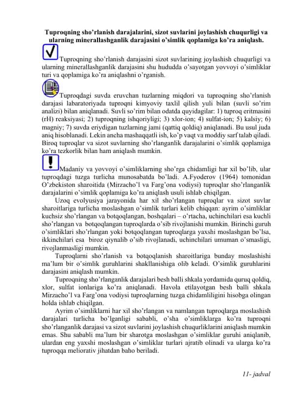 Tuproq suvlarining sho'rlanish darajasi va minerallashganlik darajasi