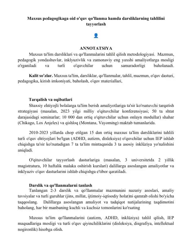 Maxsus pedagogikaga oid o'quv qo'llanma hamda darsliklarning tahlilini tayyorlash
