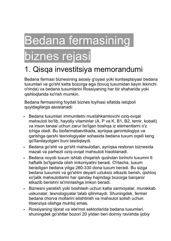 Bedana fermasining biznes rejasi