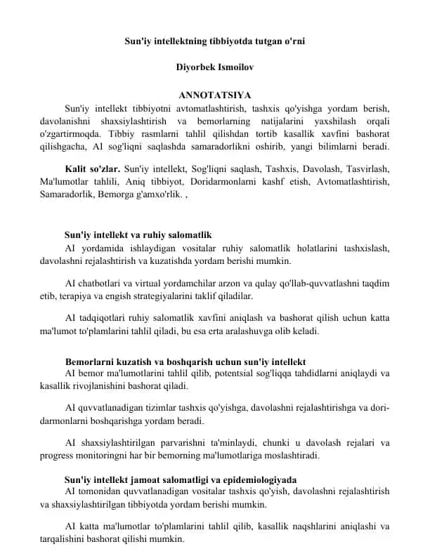 Sun'iy intellektning tibbiyotda tutgan o'rni