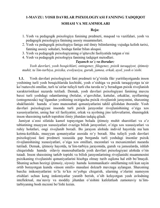 Yosh davrlari psixologiyasi fanining tadqiqot sohasi va muammolari