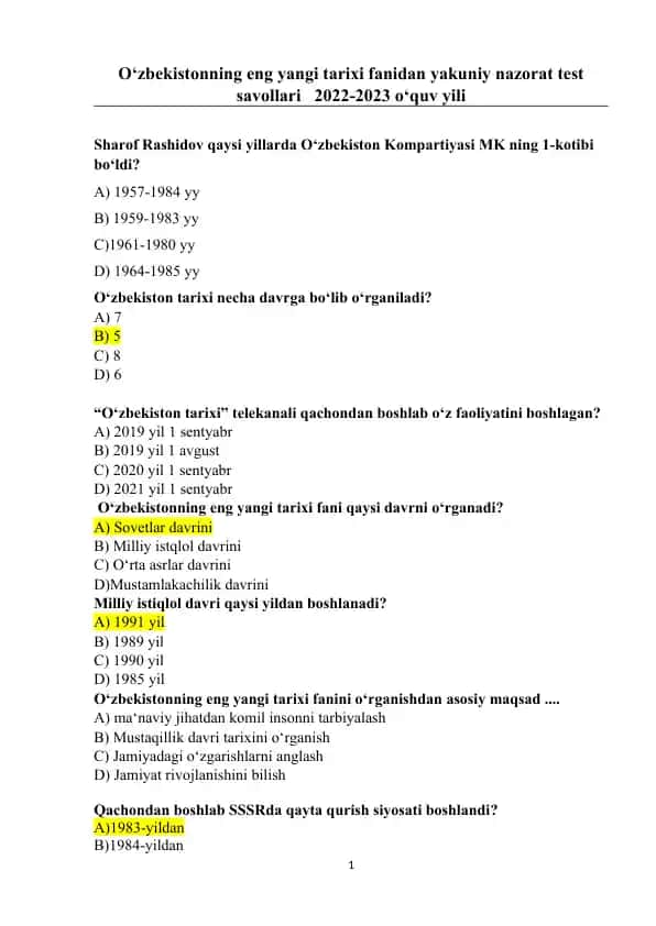 O‘zbekistonning eng yangi tarixi fanidan yakuniy nazorat test savollari 2022-2023 o‘quv yili