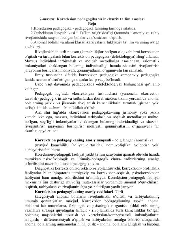 Korreksion pedagogika va inkluziv ta’lim asoslari
