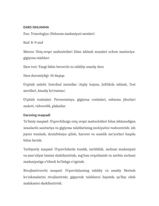 Oziq-ovqat mahsulotlari bilan ishlash xonalari uchun sanitariya-gigiyena talablari