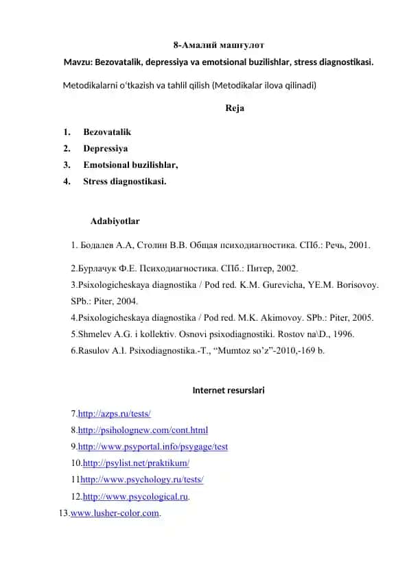 Metodikalar va Psixodiagnostika