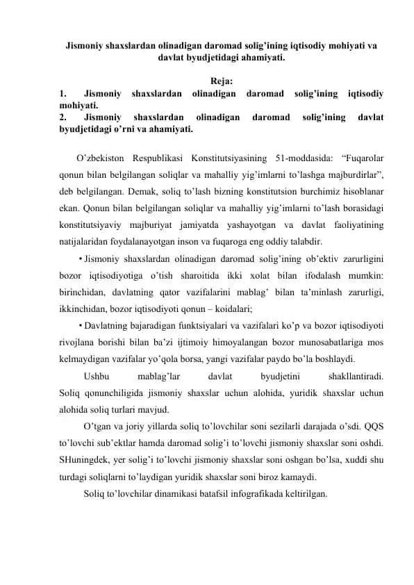 Jismoniy shaxslardan olinadigan daromad solig’ining iqtisodiy mohiyati