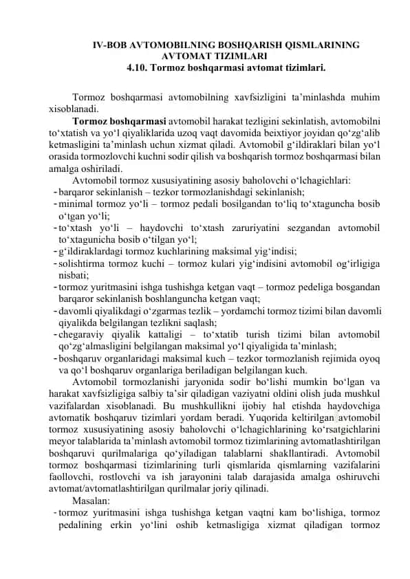 Tormoz boshqarmasi avtomat tizimlari