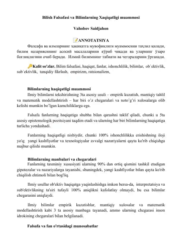 Bilish Falsafasi va Bilimlarning Xaqiqatligi muammosi