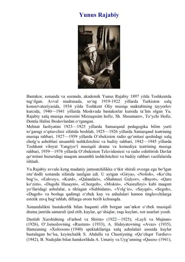 Yunus Rajabiy haqida ma'lumotlar va musiqiy meros to‘plami