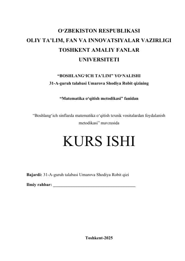 Boshlangʻich sinflarda matematika oʻqitish texnik vositalardan foydalanish metodikasi