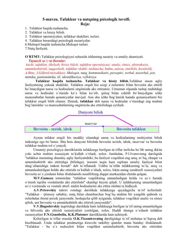 Tafakkur va nutqning psixologik tavsifi