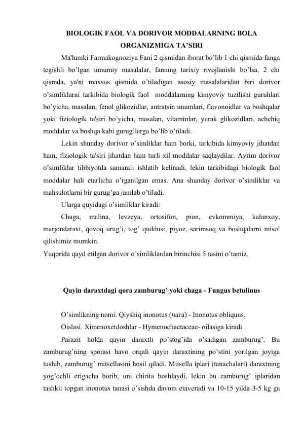 Baliqlarning faol va dorivor modalarining bola organizmilarining tasir