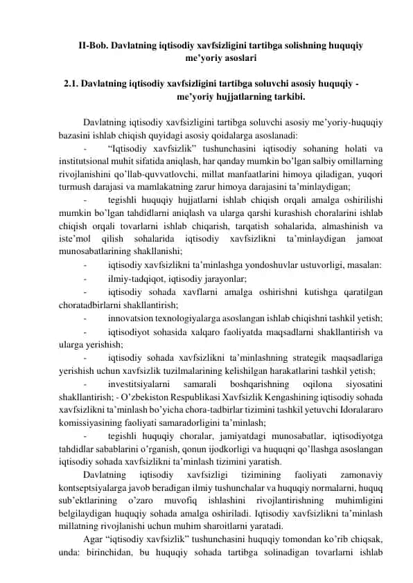 Davlatning iqtisodiy xavfsizligini tartibga solishning huquqiy me’yoriy asoslari