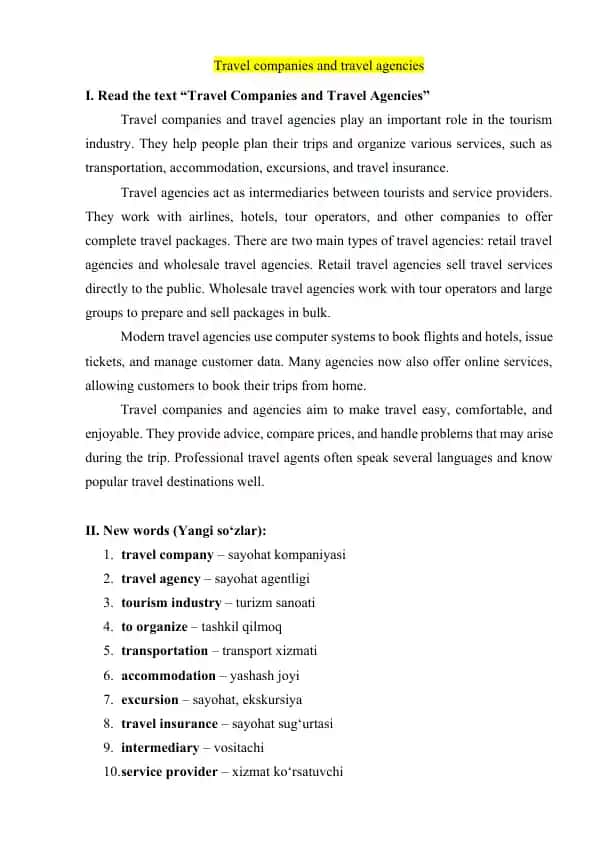 Travel Companies and Travel Agencies