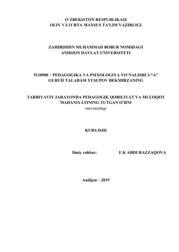 TARBIYAVIY JARAYONDA PEDAGOGIK QOBILIYAT VA MULOQOT MADANIYATINING TUTGAN O’RNI