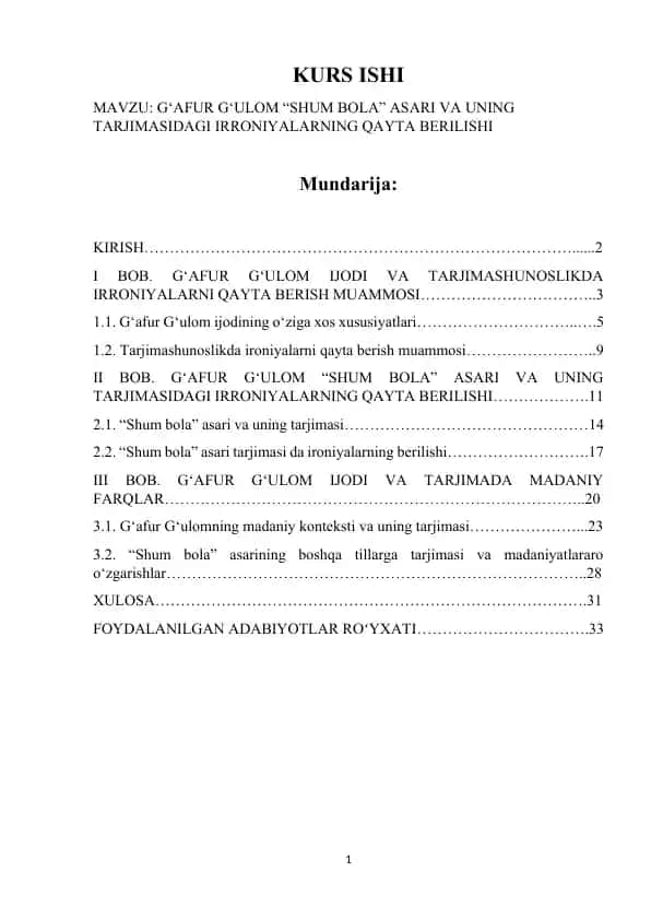 G‘AFUR G‘ULOM “SHUM BOLA” ASARI VA UNING TARJIMASIDAGI IRRONIYALARNING QAYTA BERILISHI