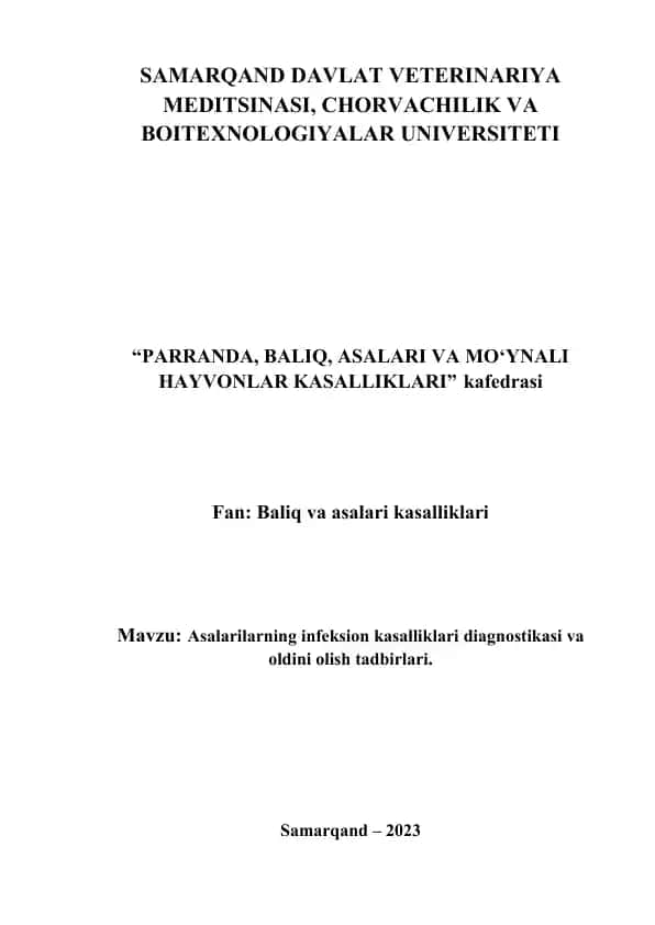 Asalarilarning infeksion kasalliklari diagnostikasi va oldini olish tadbirlari