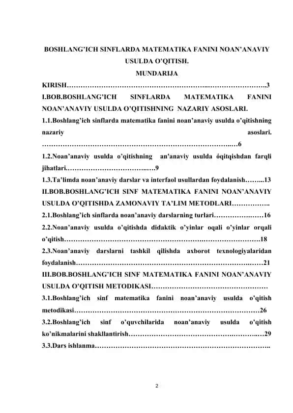 Boshlang‘ich sinflarda matematika fanini noan’anaviy usulda o‘qitish