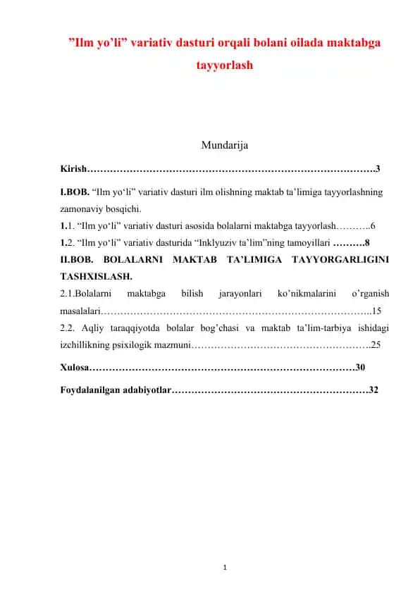 "Ilm yo'li" variativ dasturi orqali bolani oilada maktabga tayyorlash