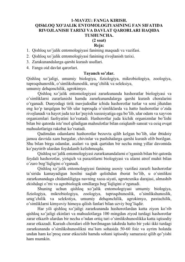 Qishloq xo’jalik entomologiyasi fanining maqsadi va vazifasi