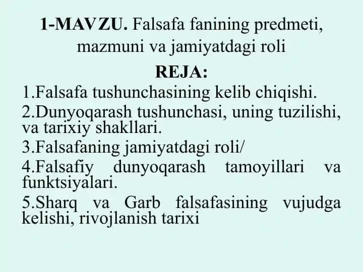 Falsafa fanining predmeti, mazmuni va jamiyatdagi roli