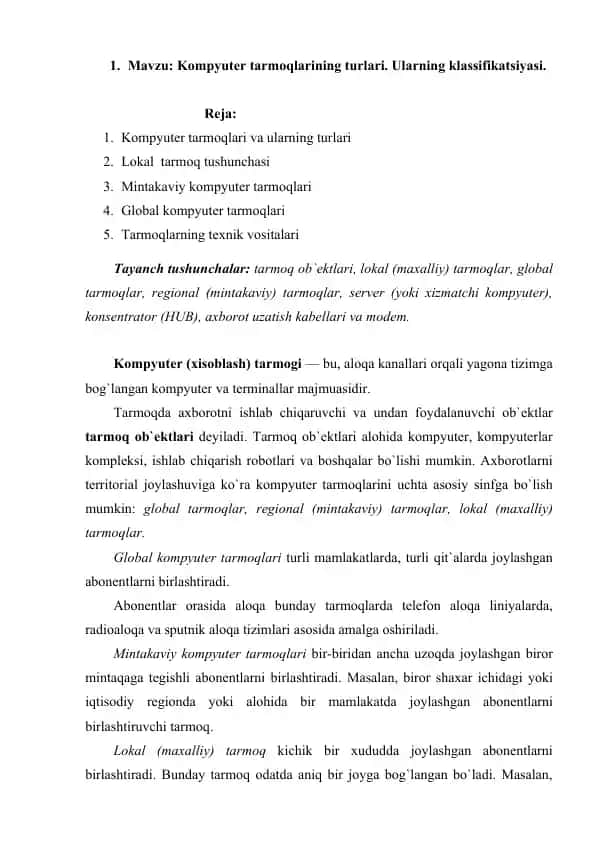 Kompyuter tarmoqlari va ularning turlari