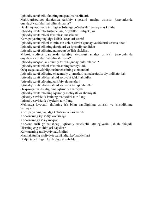 Iqtisodiy xavfsizlik fanining maqsadi va vazifalari