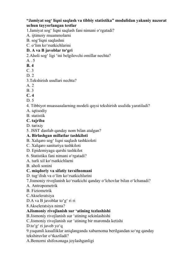Jamiyat sog‘liqni saqlash va tibbiy statistika testlari