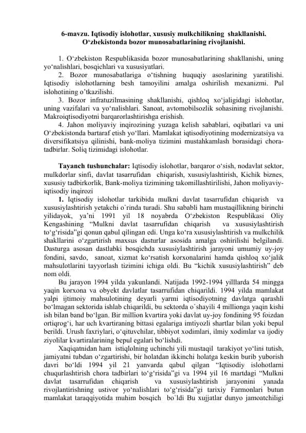 Iqtisodiy islohotlar va bozor munosabatlarining rivojlanishi