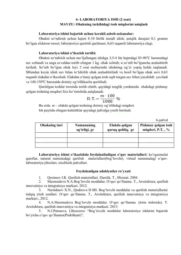 Laboratoriya ishi (Ohakning tarkibidagi tosh miqdorini aniqlash)